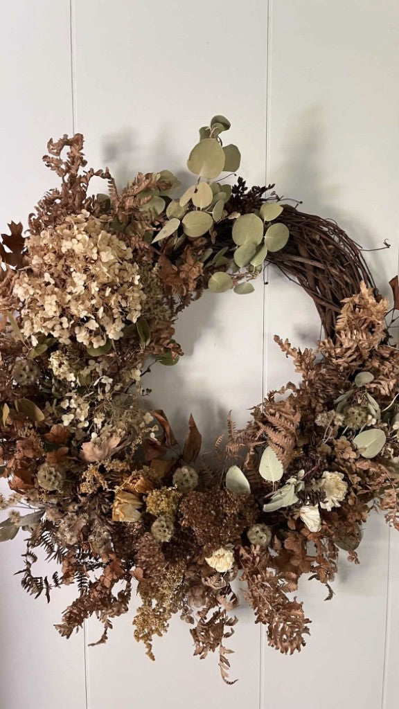 Dried hydrangea, fern, and eucalyptus wreath